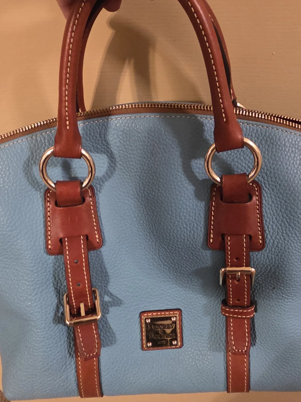 Dooney & Bourke Sky Blue Pebbled Leather Satchel with Brown Trim